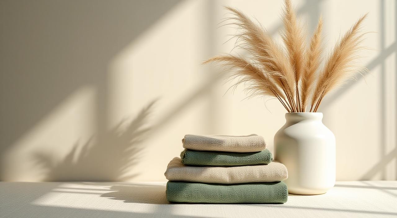 Collection of hand-woven organic textiles and ceramic vases in natural morning light